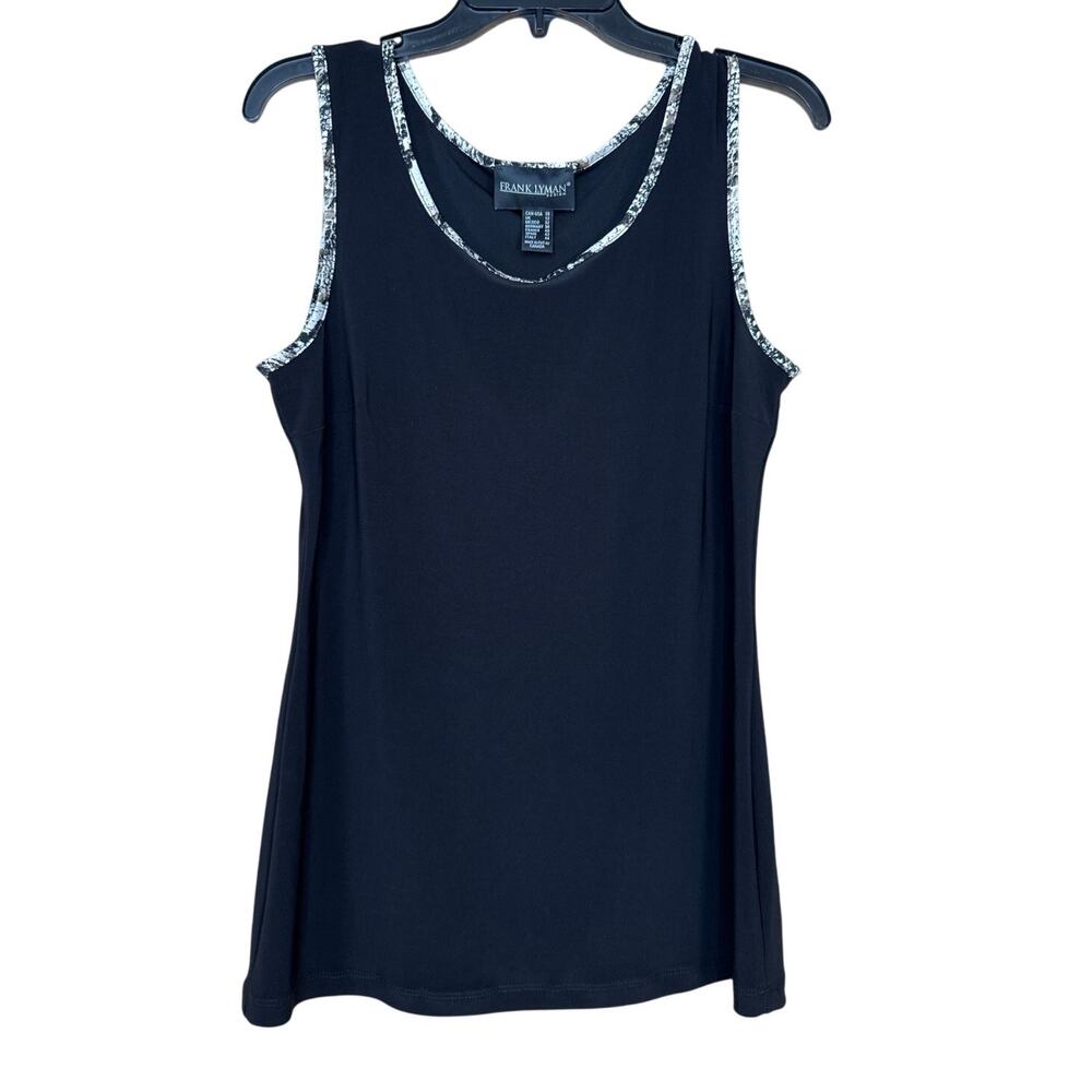 Frank Lyman Black Sleeveless Top Printed Trim Size 10 Designer Minimalist Chic